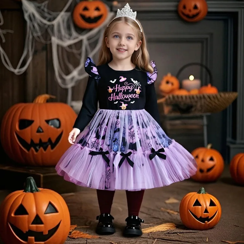 

Halloween Costume Girls Princess Dress Spider Bat Pumpkin Print Mesh Trim Princess Dress Toddler Kids Holiday Party Fancy Dress