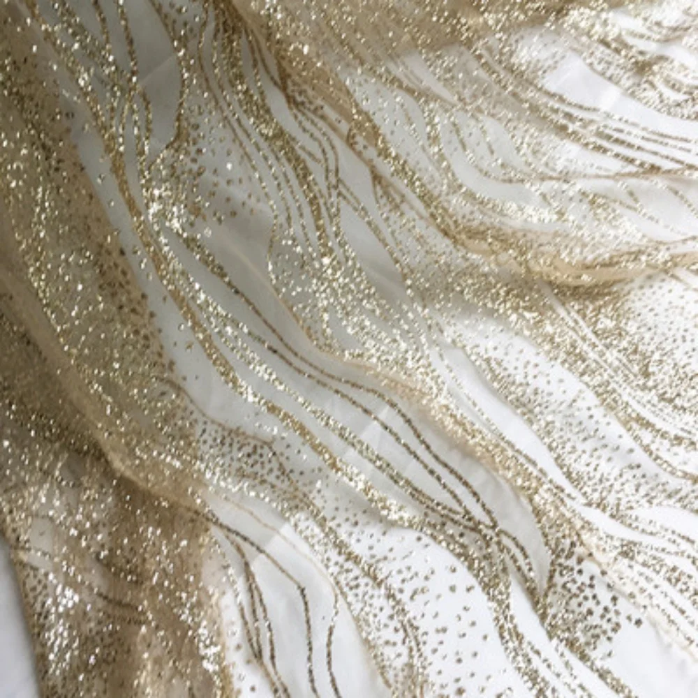 Shinny Spray Stamping Gold Wave Wedding Celebration Decoration Embroidered Mesh Fabric Lace Evening Party Dress Material