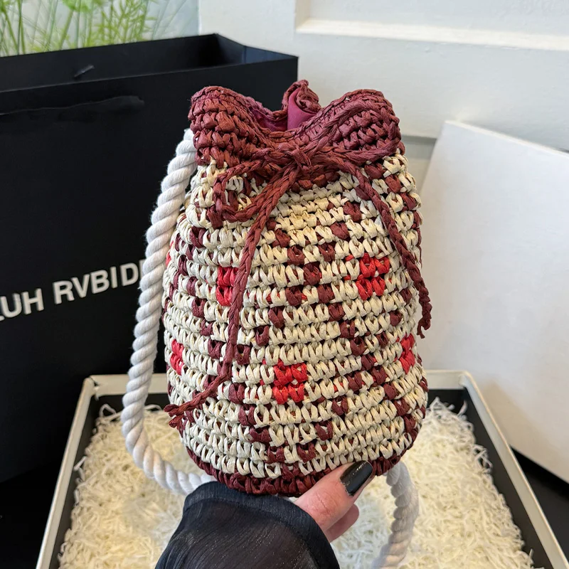 

Small Drawstring Crossbody Bag Female Rope Shoulder Strap Bucket Handbag 2026 New Summer Boho Crochet Knitting Beach Bag