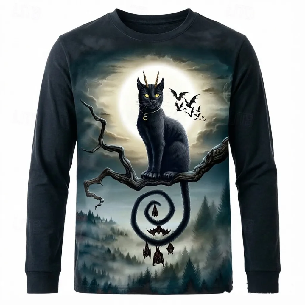 Men Long Sleeve T-Shirt Demon Black Cat Bat Moon Print Crew Neck Halloween Gothic Casual Tops