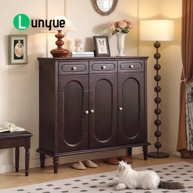 American Solid Wood Shoe Cabinet Dark Walnut Porch Locker with Drawers and Doors for Hallway Entryway Storage Furniture