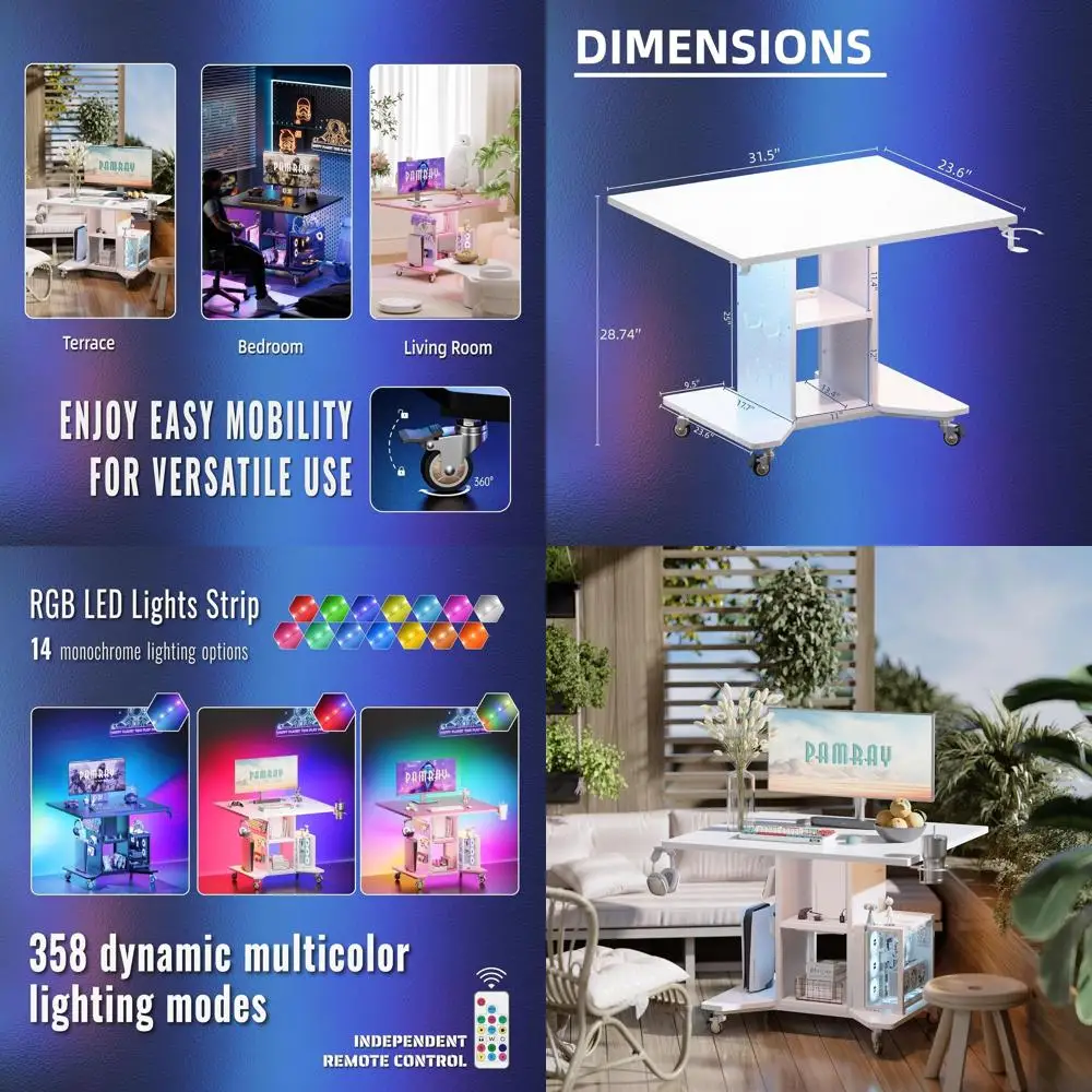 

Small Rolling Gaming Desk with Led Lights Power Outlets and Storage Pegboard, Small Spaces Compact PC Computer Table White