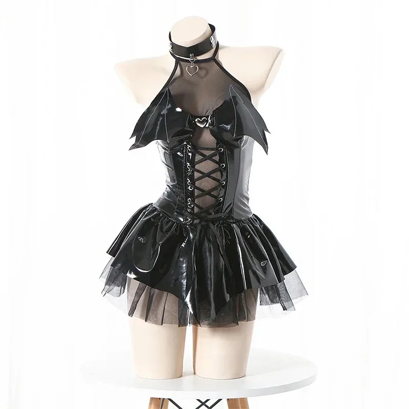 PU Latex Leather Halter Neck Straps Bat Devil Perspective Short Mini Dress Women  Sexy Cosplay Lingerie Punk Y2k Gothic Clothes