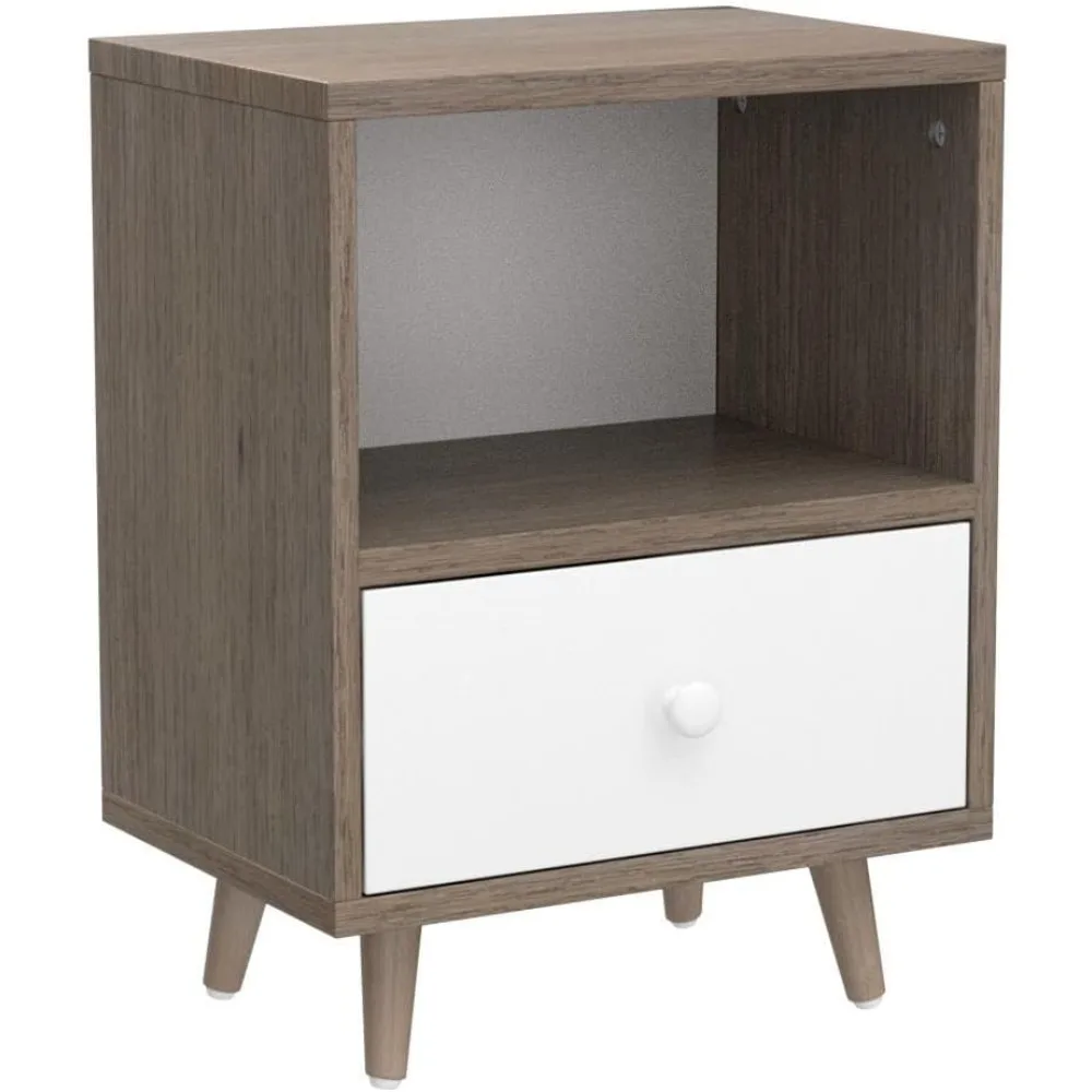 زوج من طاولات النوم الخشبية المعاصرة مع درج ورف مفتوح لغرفة النوم