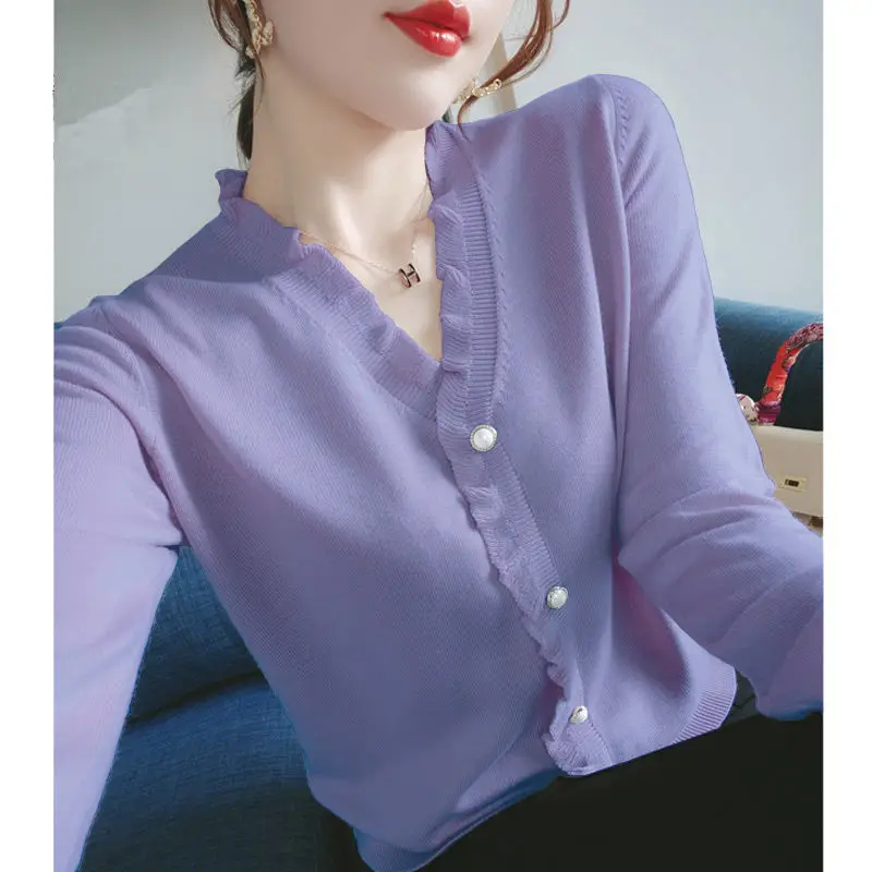 Elegant V-Neck Solid Color Button Spliced 2022 Autumn New Oversized Shirt Loose Casual Tops Commute Women\'s Clothing Blouse