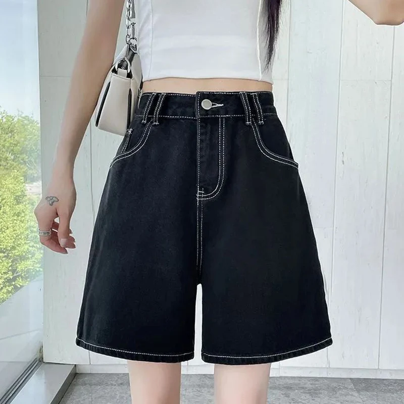Summer High Street Lady Slim Fit Jeans Girls High Waist A-line Straight Leg Pants Women Fashion Solid Color Denim Shorts