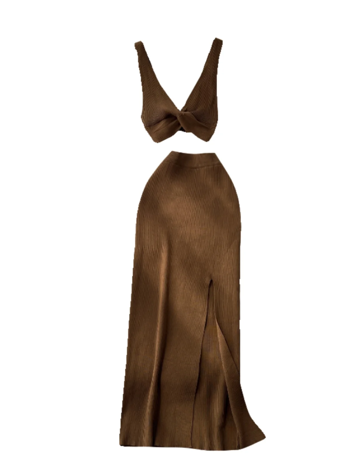 

Faionable Knitted Knot Strap Vest And Bodycon Split Skirt Two Piece Set for Young Women Summer 2024 Trending Sle
