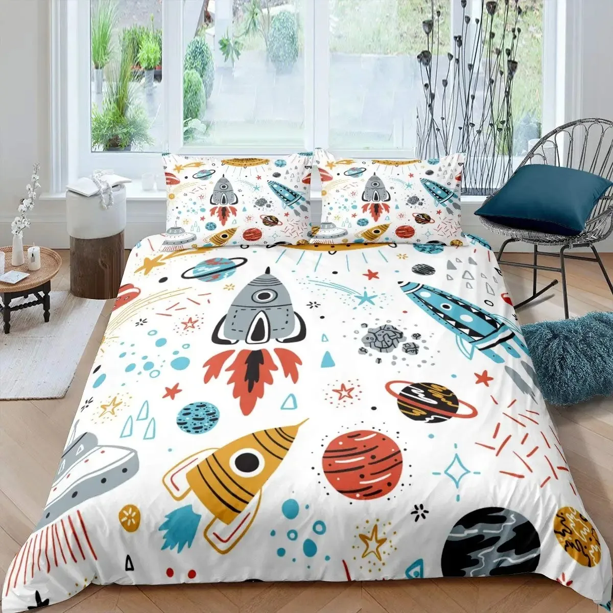 Rocket Duvet Cover Set King Size Spaceship Bedding Set Twin Microfiber Outer Space Galaxy Stars Planet Cartoon Style Quilt Cover