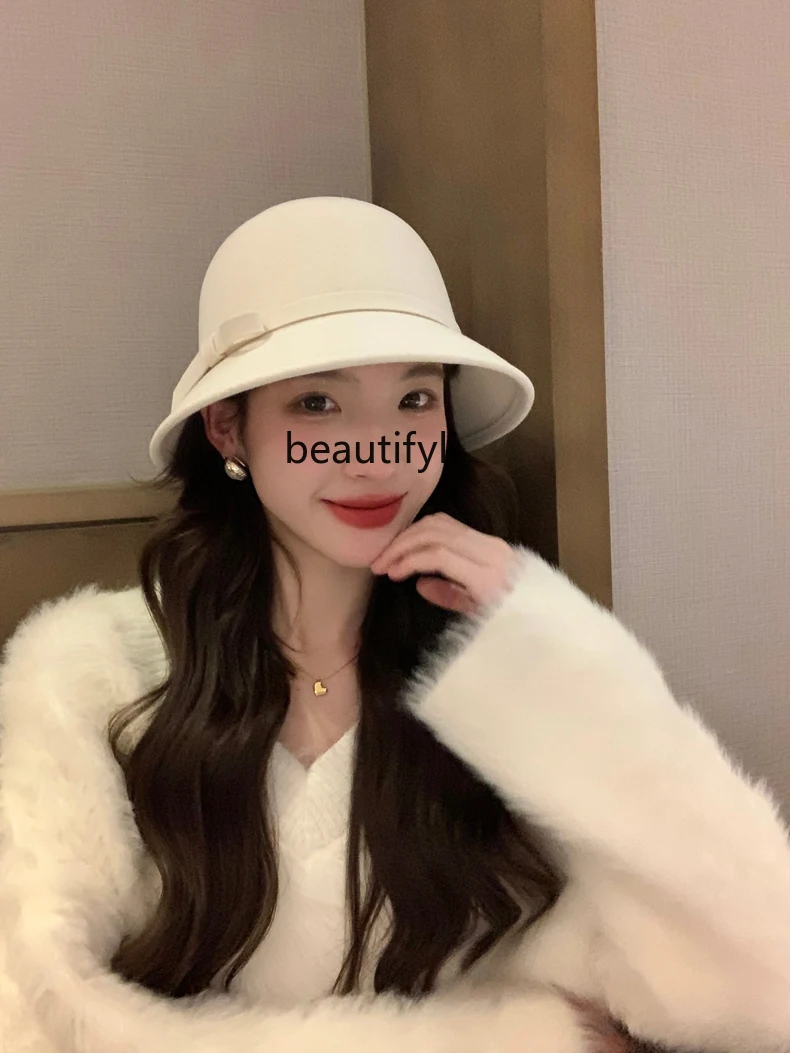 Elegant Graceful Socialite Billycock Autumn and Winter Hepburn Style Woolen Bucket Hat Retro Debutante Style Bucket Hat