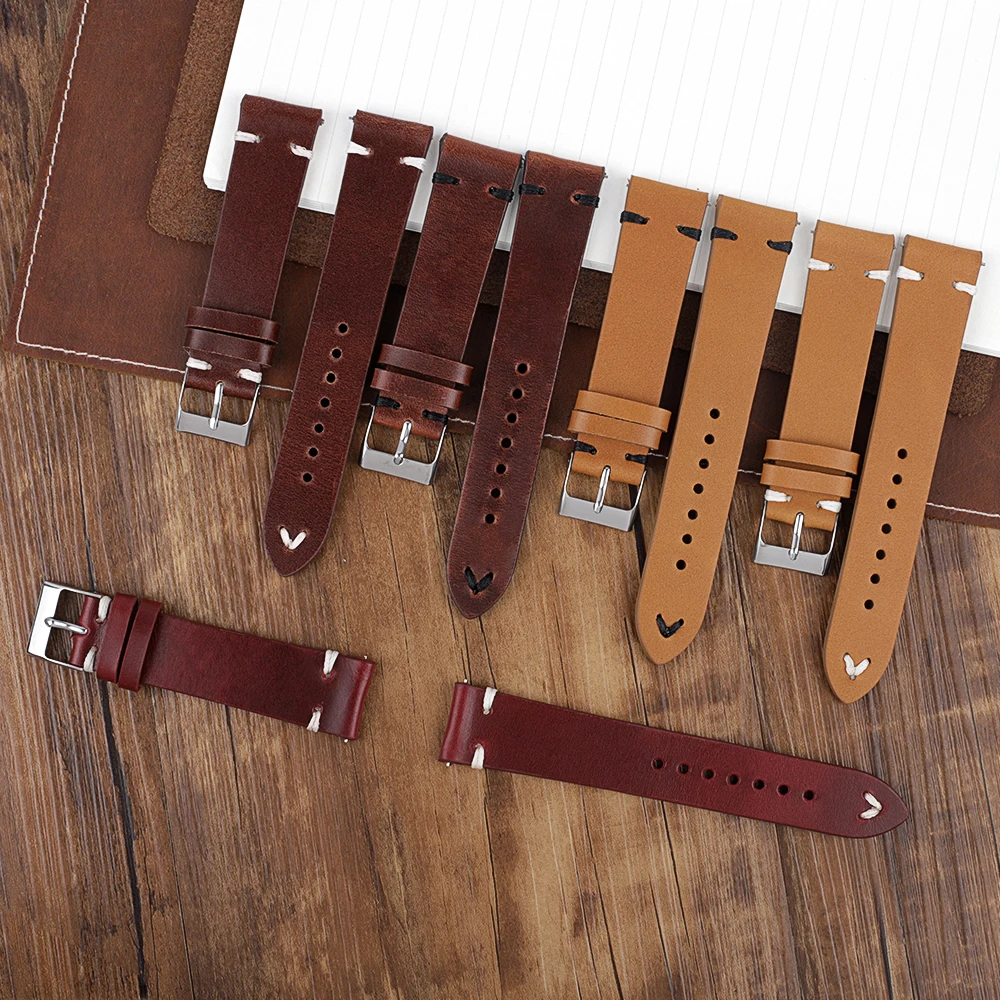 Vintage Genuine Leather Watchband 17mm 18mm 20mm 21mm 22mm Oil Wax Cow Leather Handmade Stitching Watch Strap Replacement Belts