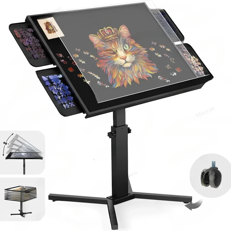 Adjustable Lift Puzzle Table Drawers, Premium Metal Ergonomic Design With Cover