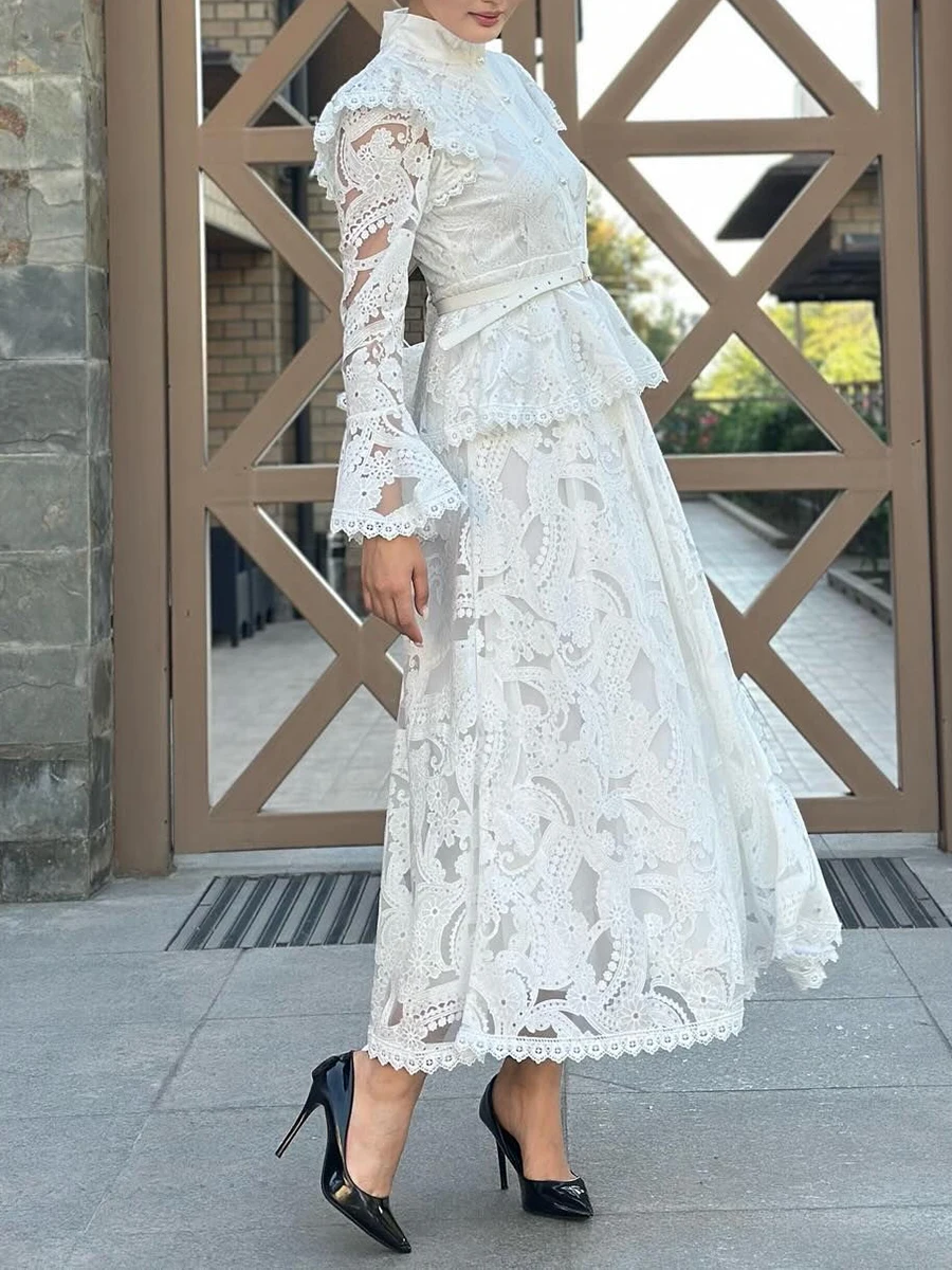 TWOTWINSTYLE Wyszczuplające Sukienki z Nadrukiem, Przezroczystymi Wstawkami i Falbankami dla Kobiet, Stójka, Długie Rękawy, Wysoki Stan, Elegancka Sukienka Damska