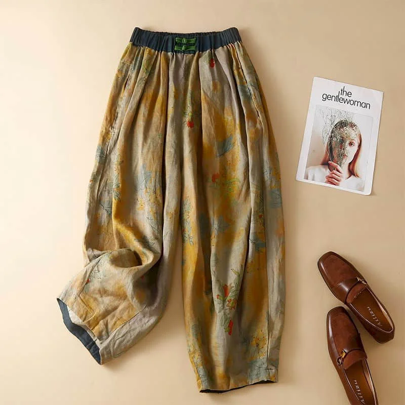 Cotton Linen Pants for Women Loose Printed Baggy Pants Vintage Summer Korean Style Elastic Waist Cropped Trousers Lantern Pants
