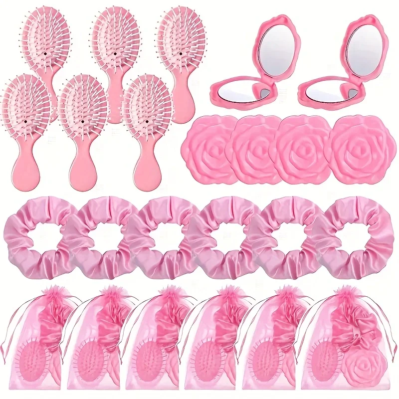 24 Piece Pink Princess Party Gift Set, Spa Party Headband, Pocket Mirror and Mesh Bag Suitable for Weddings, Bachelorette Partie