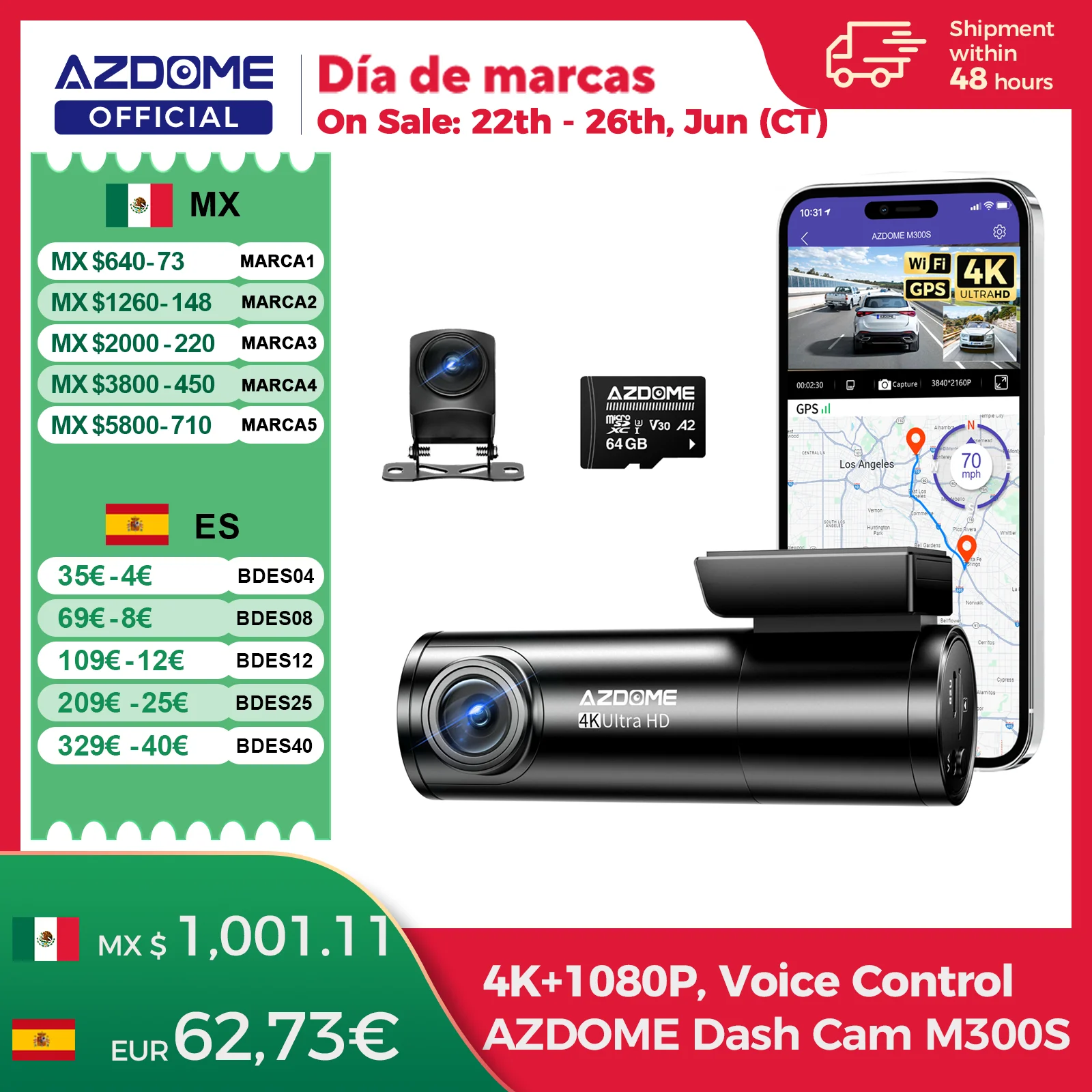 Cámara para Auto AZDOME M300S 4K+1080P, Cámara Trasera para Auto, Lente de 800MP, GPS Integrado, WIFI, DVR para Auto, Control por Voz, Visión Nocturna, Cámara Trasera