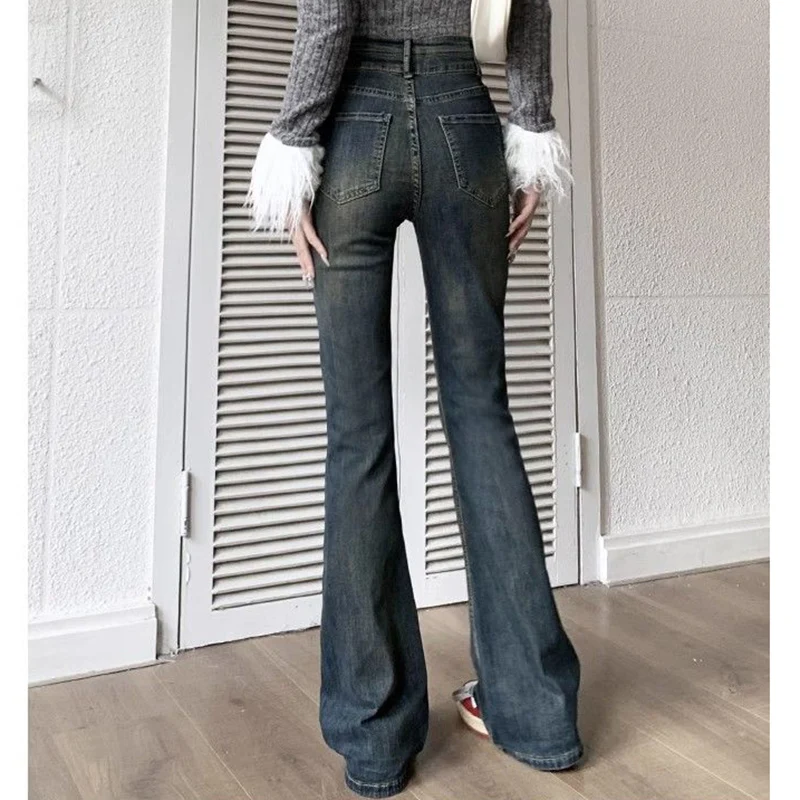 Woman American High Waist Flare Jeans Female Elastic Slim Fit Designer Bell Bottom Pants Girls Fashion Y2k Gray Denim Trousers