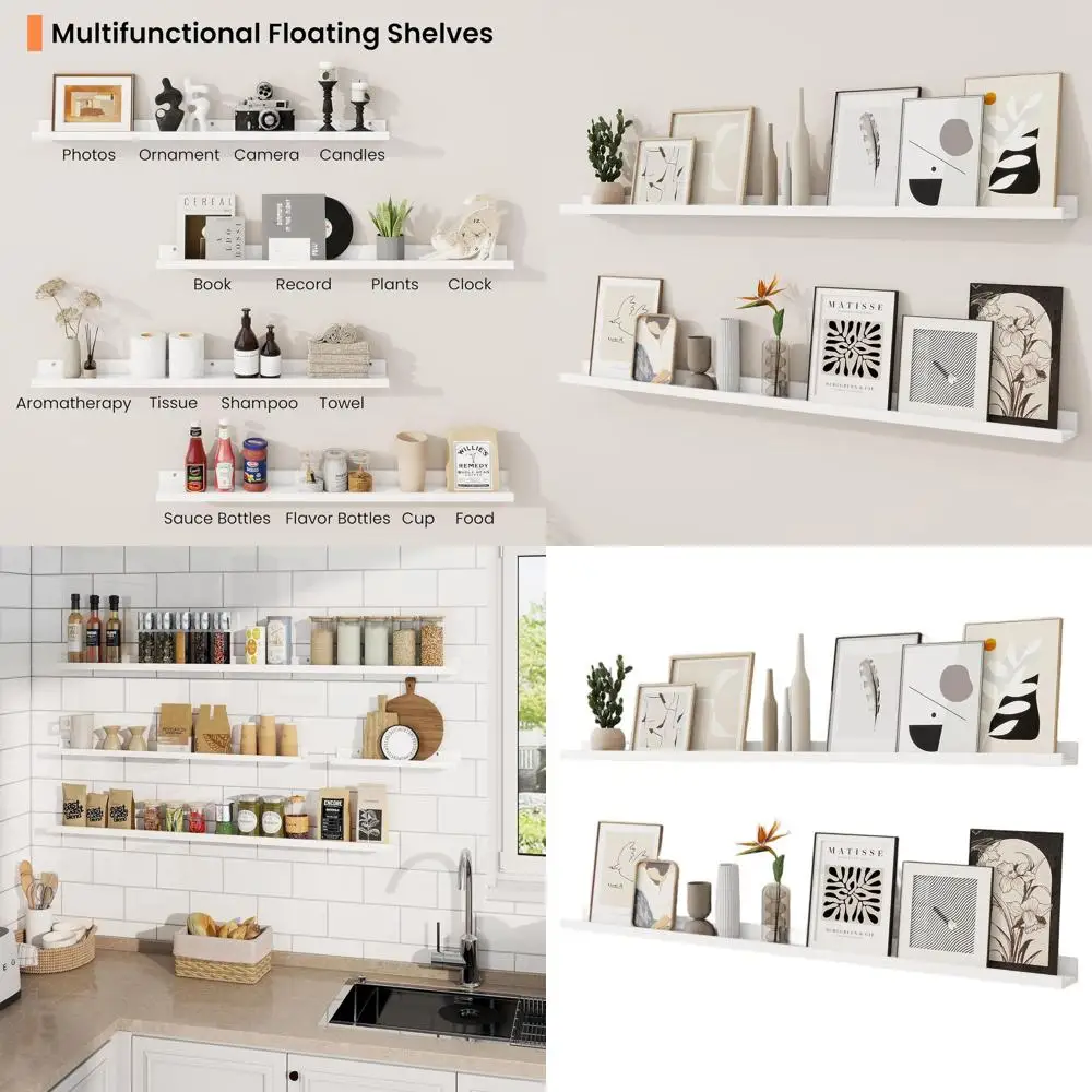 

Set of 2, 55 White Wooden Floating Shelves with Lip, Wall Storage for Home Decor and Photos