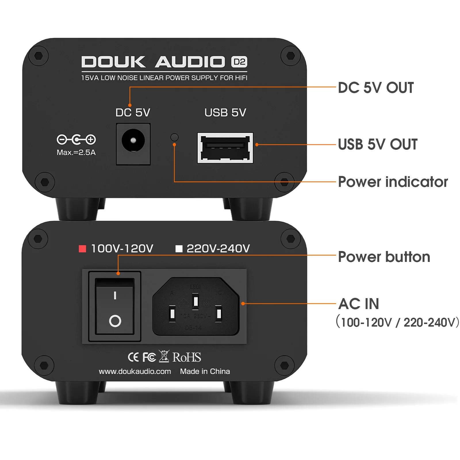 Douk Audio D2 15W HiFi Linear Power Supply DC + USB 5V Output Low Noise PSU for DAC Preamp