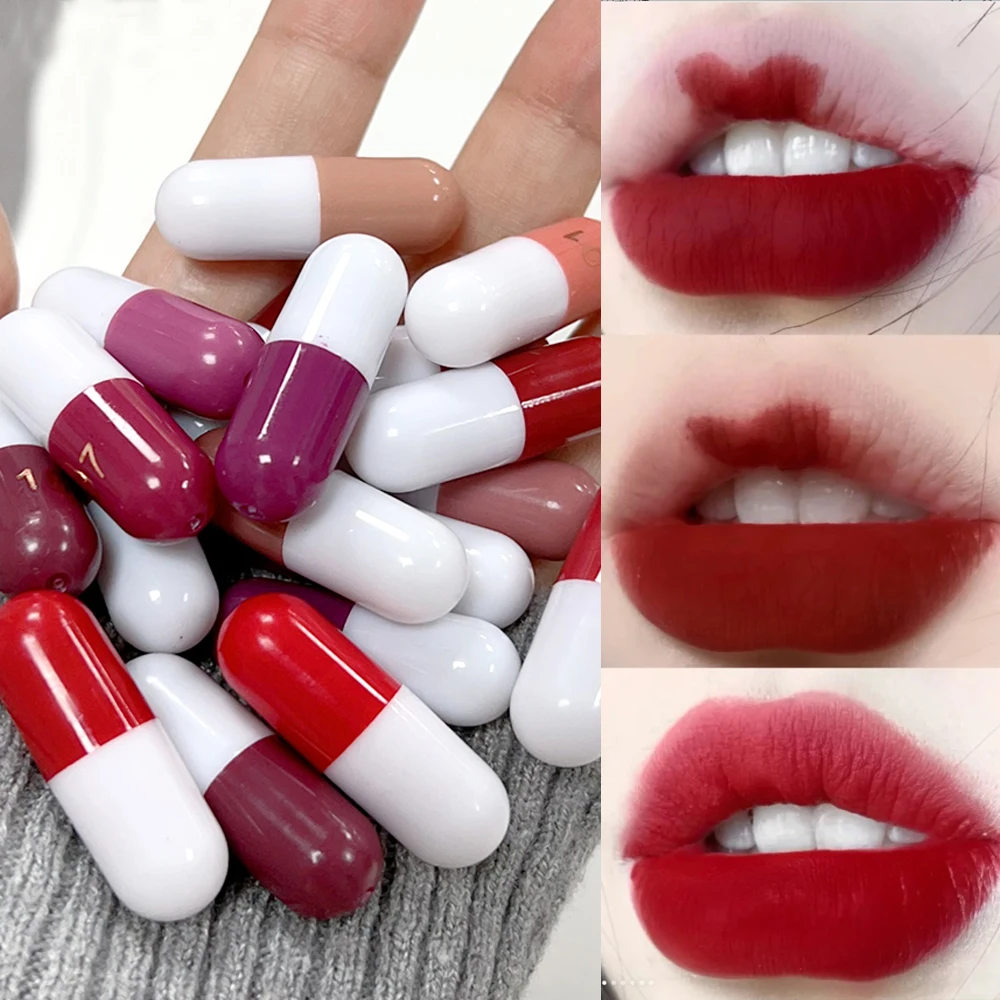 Mini lápiz labial de cápsula duradera, resistente al agua, taza antiadherente, brillo de labios sólido, Nude, rojo, marrón, maquillaje coreano, cosméticos, 18 piezas por juego