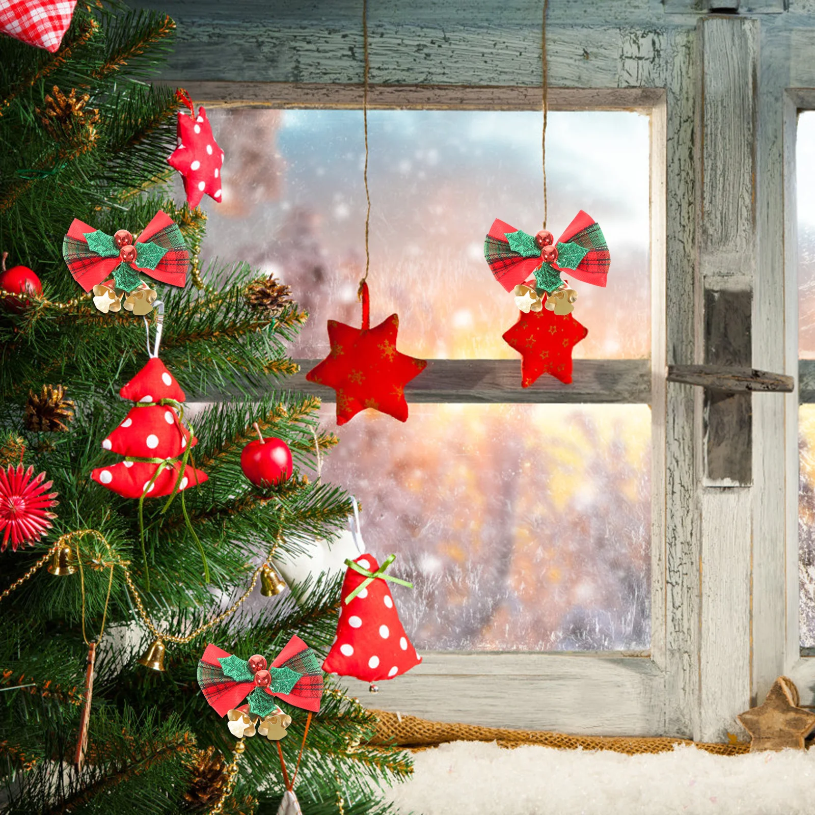 

12Pcs Christmas Bow with Bells Mini Bowknot Hanging Ornament Xmas Tree Decoration Party Gift Festive Adornment