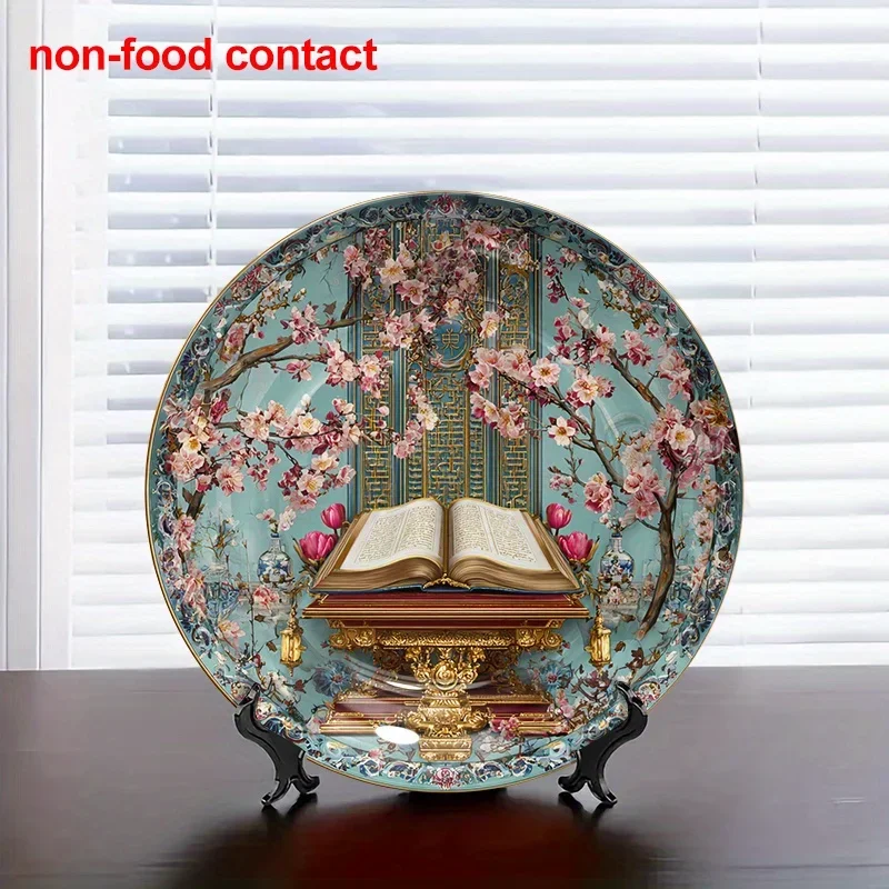 2D Flat, 1pc Vintage Japanese-Inspired 8-Inch Round Ceramic Wall Decor Plate - Cherry Blossom & Book Design, Non-Food Contact,