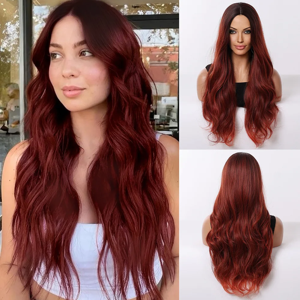 

European and American wig 28inch orange medium long curly hair rose mesh high temperature silk wig full headgear