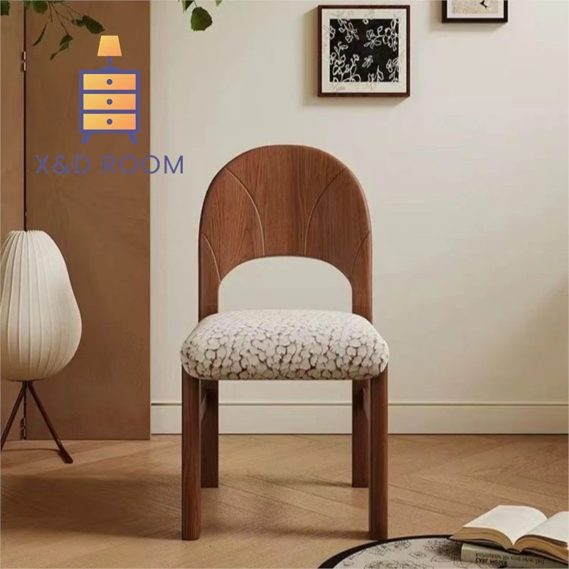 

XD Designer Mid-Century French Lamb Fur Solid Wood Dining Chair Retro Vanity Chair Luxury Melamine Guest House Backrest Chair