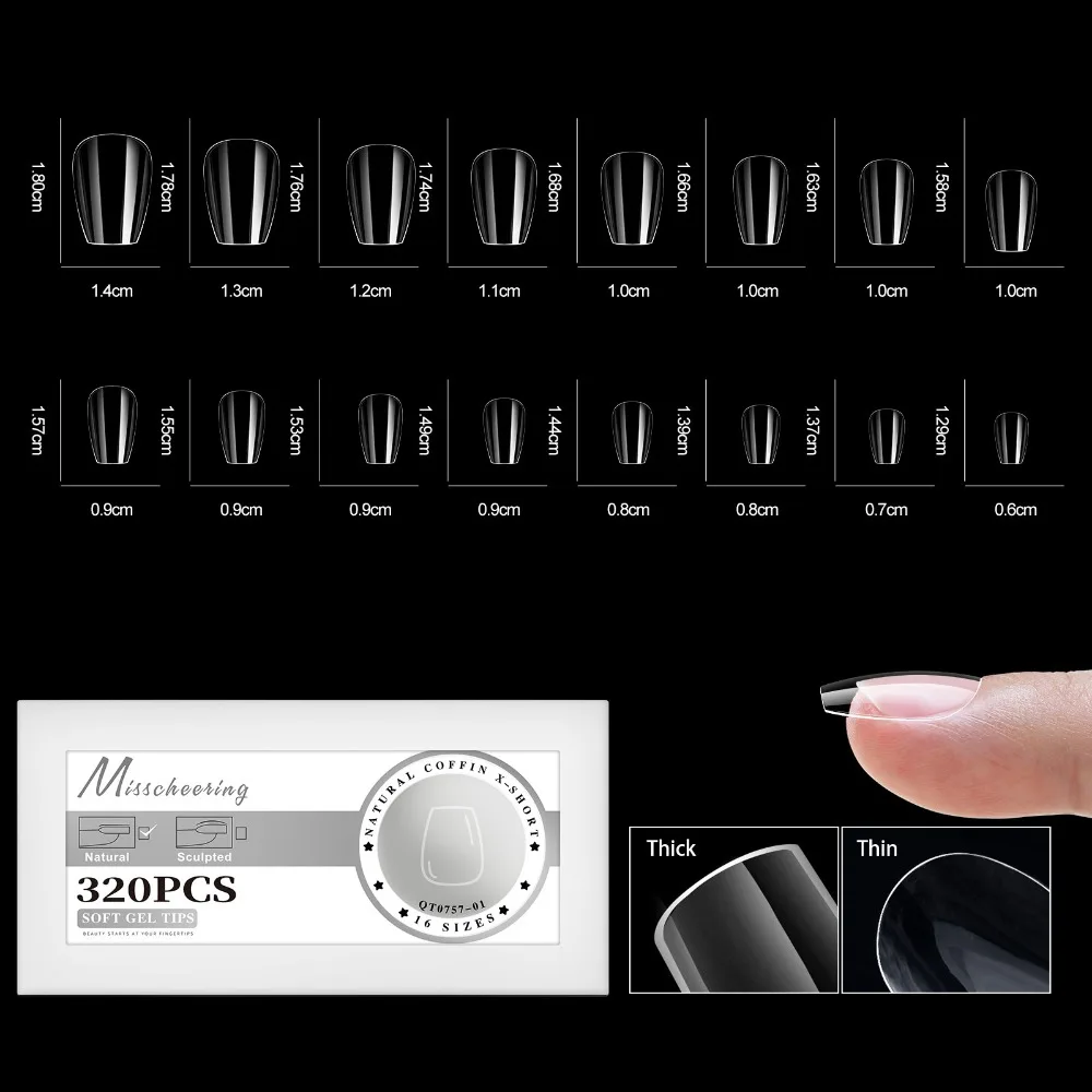 16 Sizes Gel False Nail Tips Soft Full Cover Fake Nails Extension Almond Capsules French Coffin Artificial Press on Nails