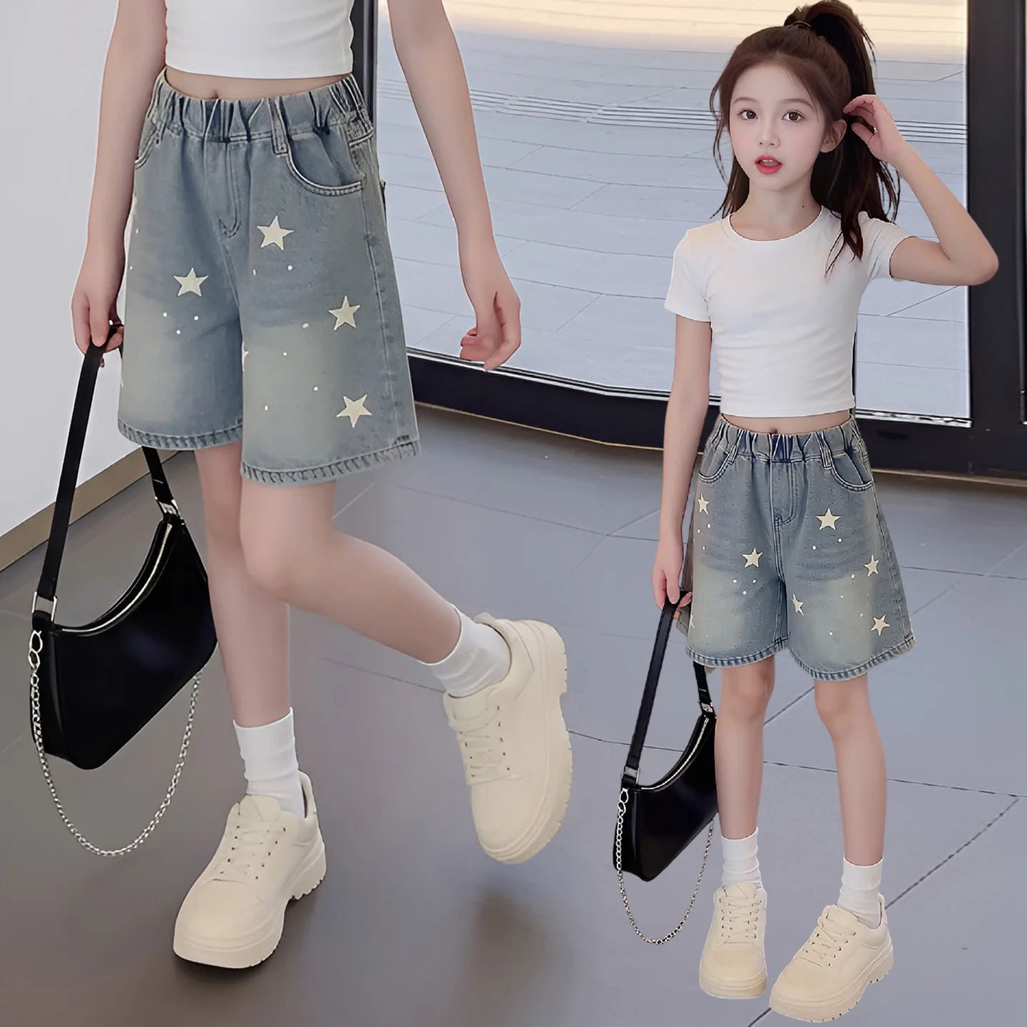 Mädchen-Jeansshorts Niedliche Sommer-Trendmode für Teenager Süße Sternenmuster Gerade Geschnittene Denim-Shorts