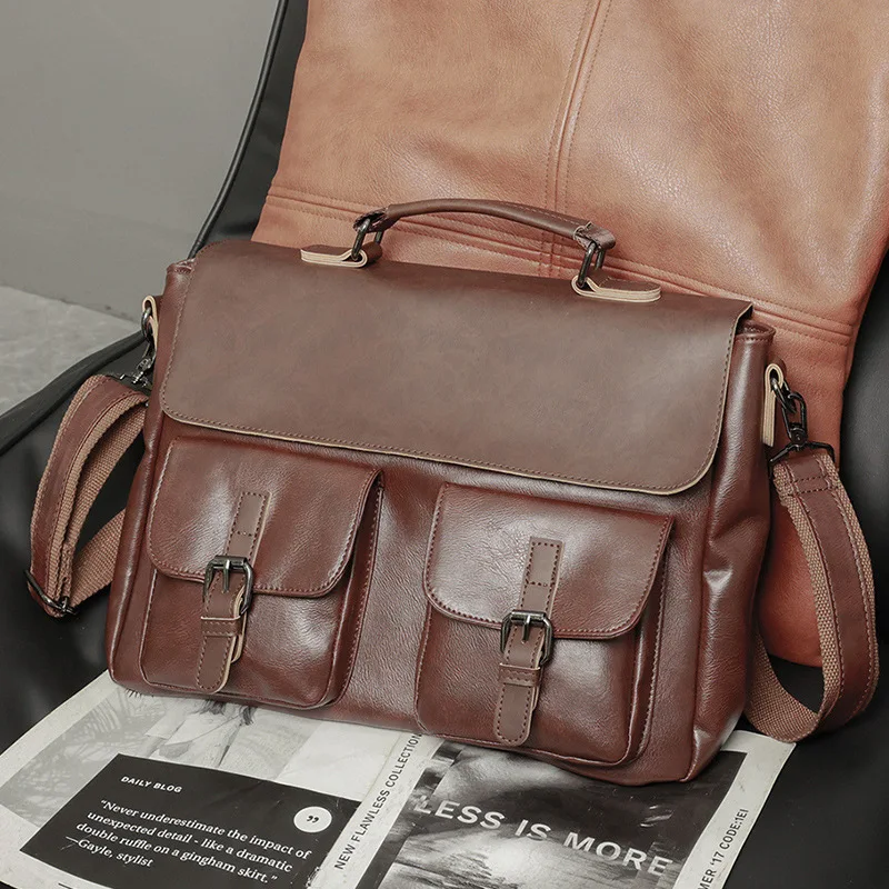 Maletín de cuero Vintage para hombre, bandolera de hombro de gran capacidad, bolso de negocios