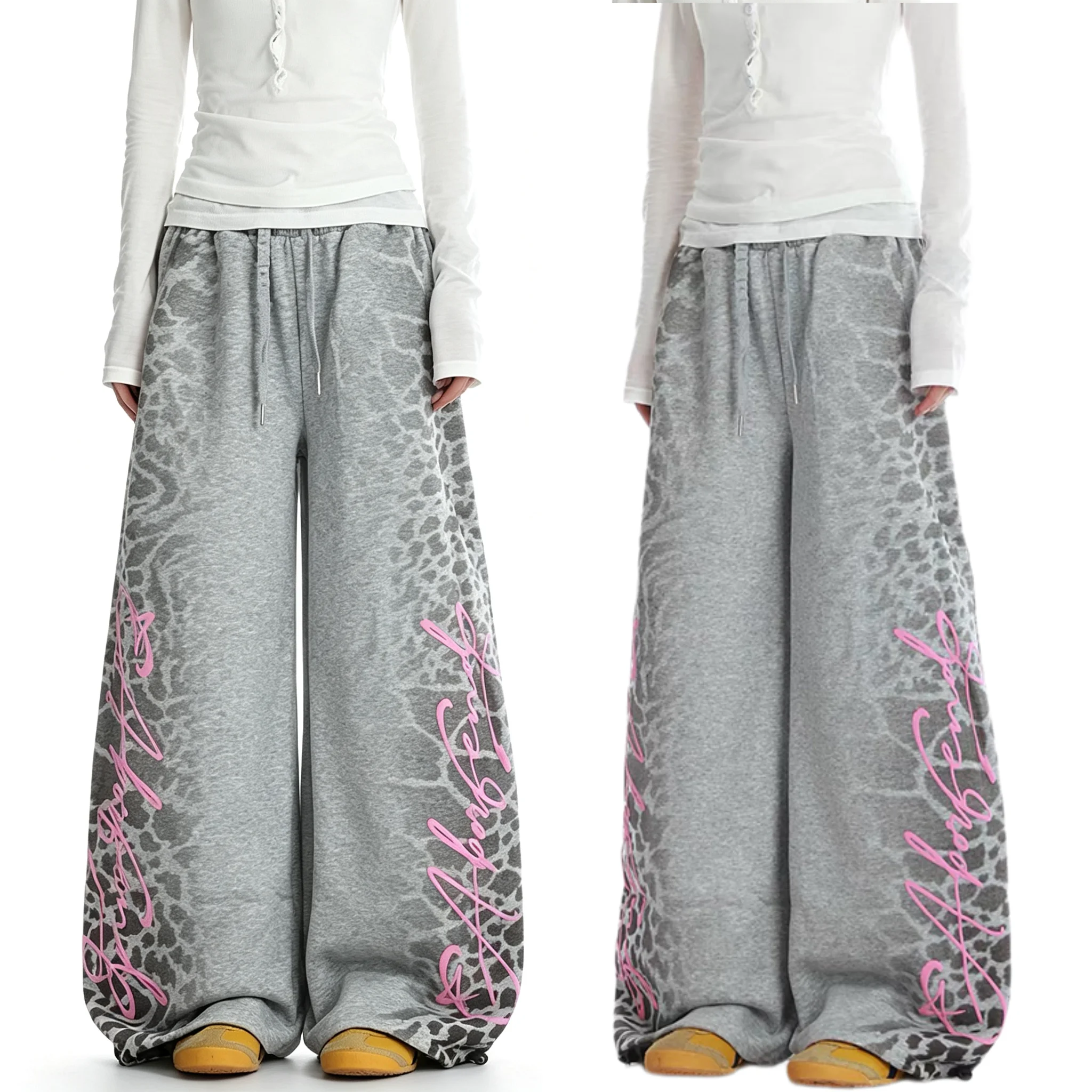 Women American Retro Y2K Baggy Long Trousers Harajuku Leopard Letter Pants Loose Joggers High Street Gray Sweatpants HipHop Jazz
