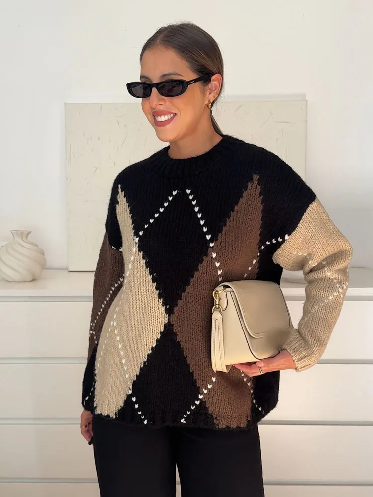 

HH 2026 Women's New Fashion Chic Sweater Tops Argyle O-Neck Long Sleeves Pullover Female Autumn Casual Loose Knitted Tops