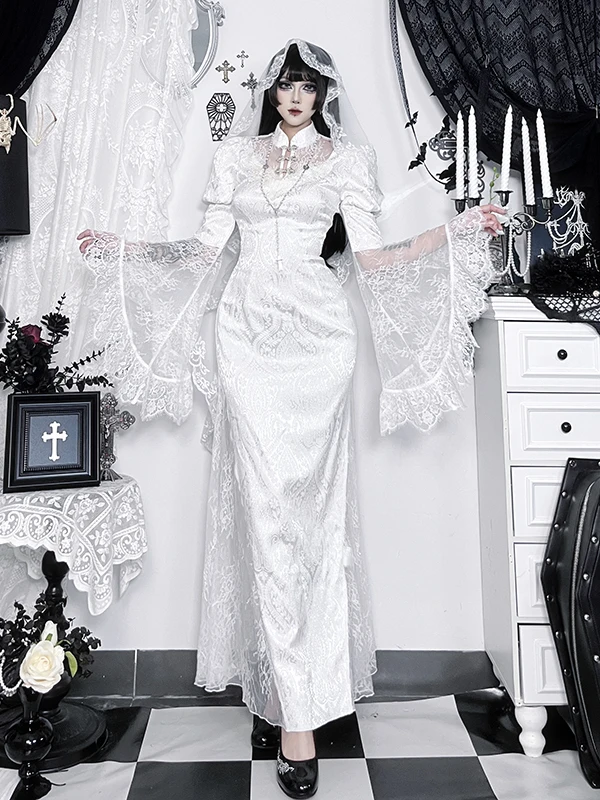 القوطية Sle طويلة Sve المطرزة الدانتيل الزفاف الدكتور لوهوين موضوع القطن البوليستر مزيج عالية الخصر ألف خط الدكتور #2