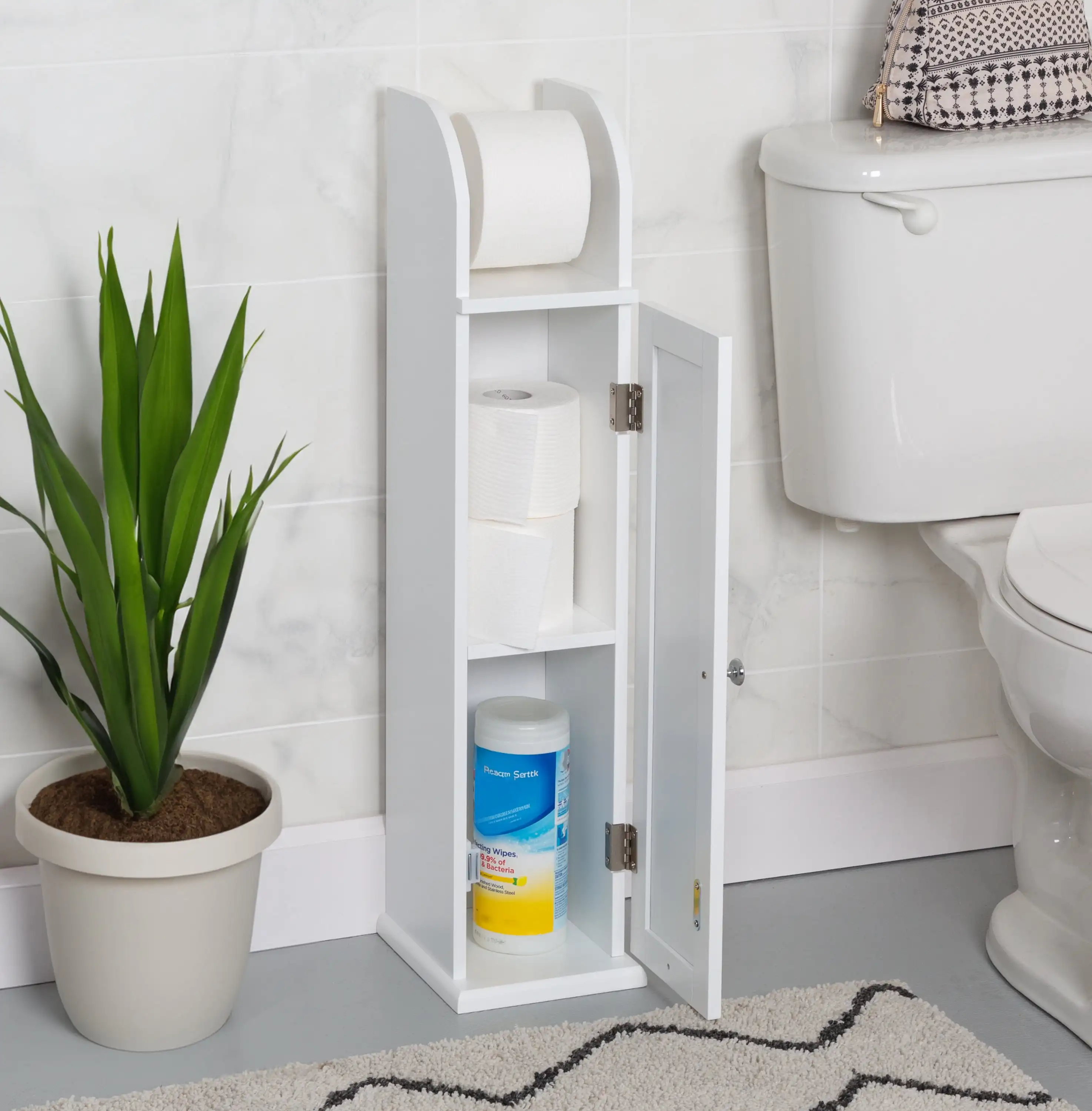 Slim Bath Cabinet with Toilet Paper Holder, White