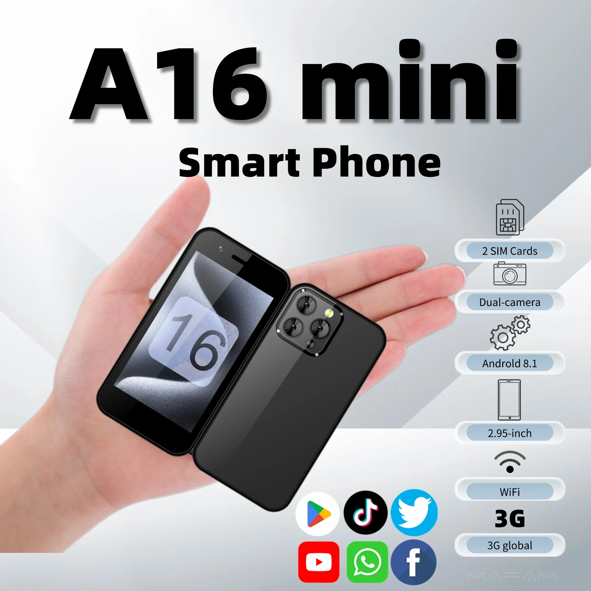 

Portable Mini Pocket Phone Android 8.1 OS 2.95" HD Screen Two SIM Cards 3G WiFi Hotspot Smart Phone Play Store 2GB+16GB GPS