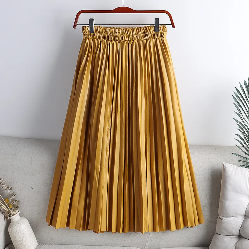 Autumn Winter Faux PU Leather Pleated Skirts Solid High Waist All-match Elegant Umbrella Midi Skirt Streetwear Chic Skirts