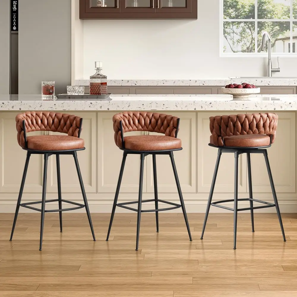 

26inch Bar Stools Set of 3, Modern Counter Height Bar Stools, 180 Swivel Suede Fabric Stool Chairs with Woven Back and Footrest