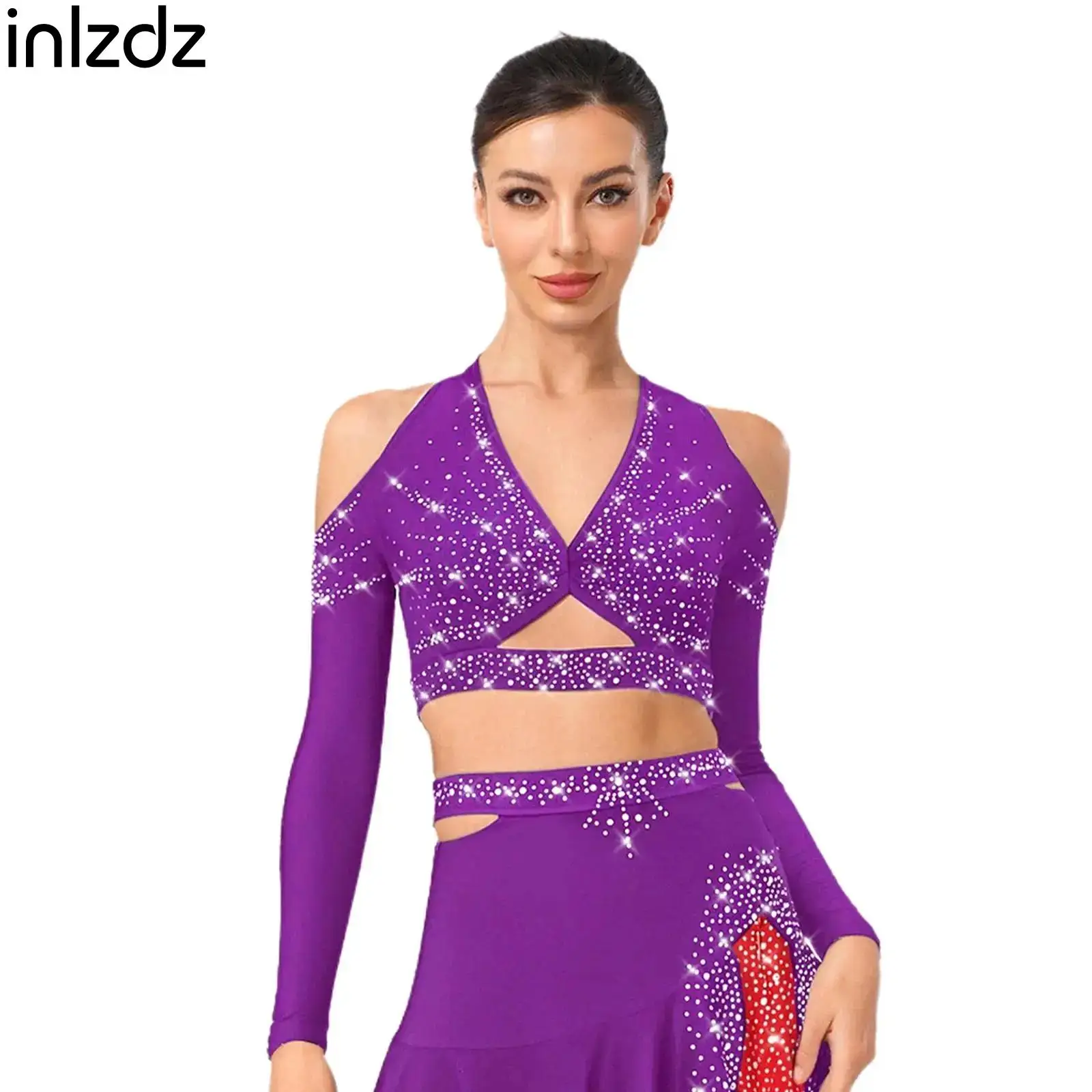 

Jazz Dance Tops Skirts Set Womens Latin Halter Long Sleeve Deep V-Neck Crop Top+Skirts Sexy Party Costume Performance Dance Wear