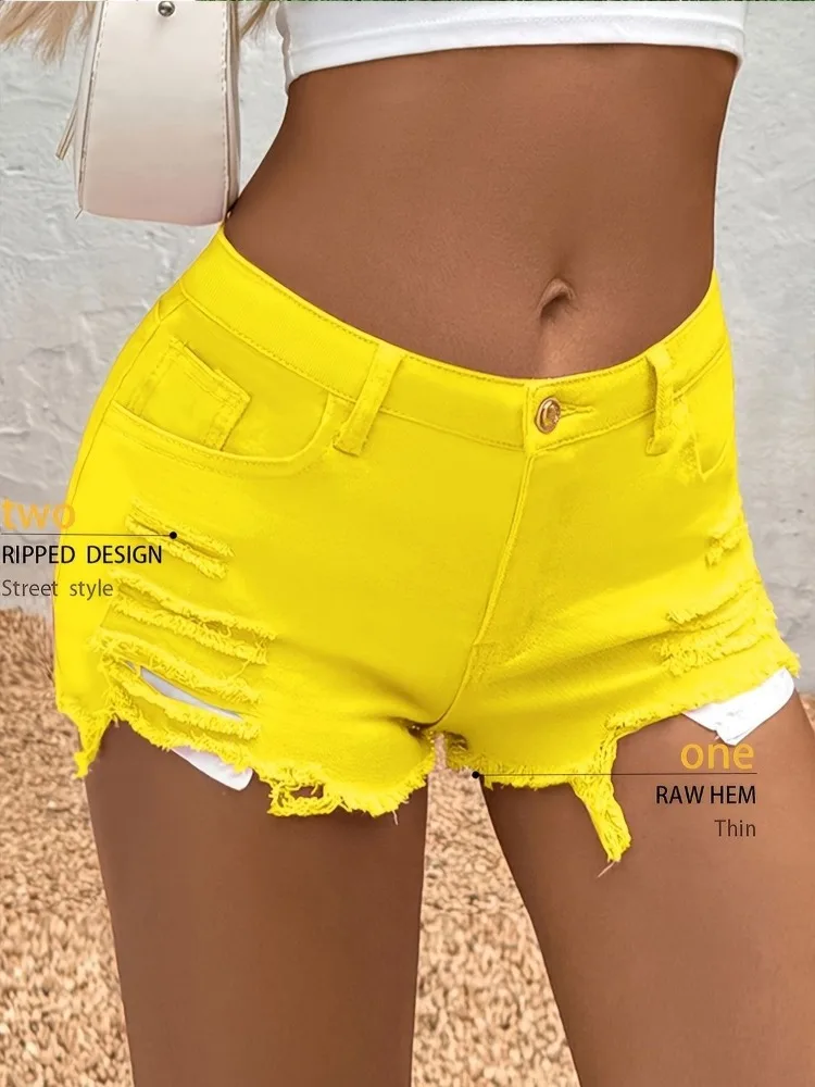 

Women's Elastic Colored Denim Shorts Summer Solid Color Short Trousers Fashion Female Casual Sexy Ripped Hot Mini Pants