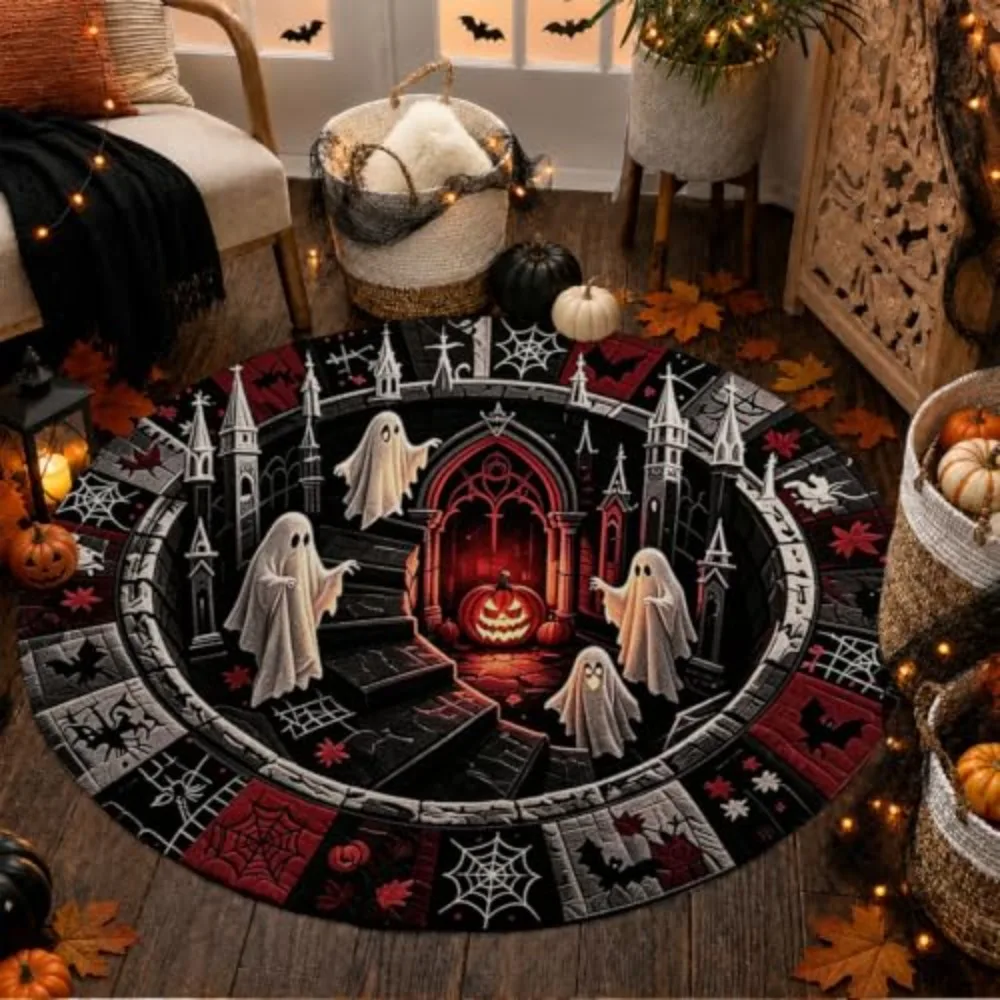 Round Area Rug Optical Illusion Vortex Castle Buildings Doodles White Tunic Sprites Glowing Amber Fruit Base Dark Charcoal Rim