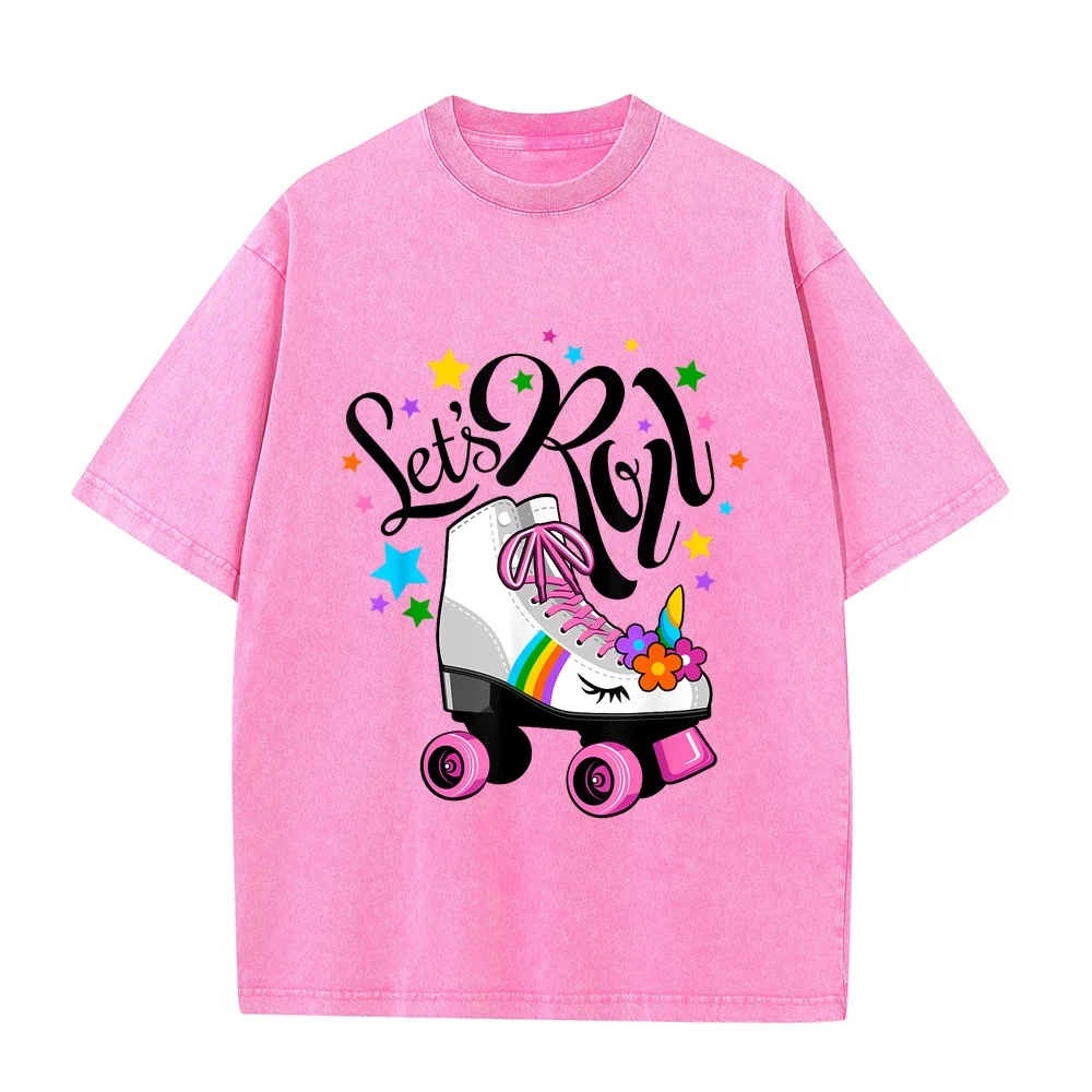 Let's Roll Unicorn. Roller Skate fun party girl's T-Shirt Y2k Clothes 티셔츠 Plus Size Clothing Pink Round Neck Tee Summer Top