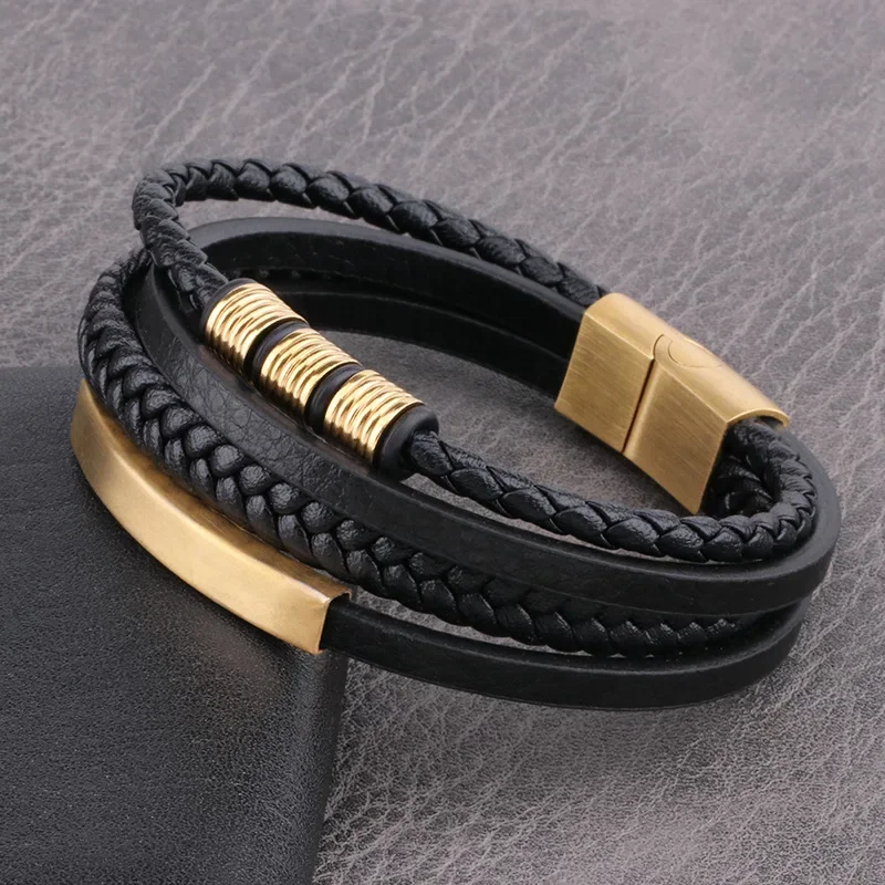 Free shipping gift wholesale stainless steel leather rope bracelet men's multi-layer simple braided leather ring charm bracelet