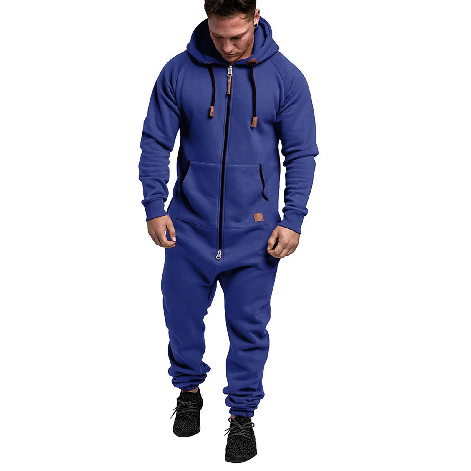 Nieuwe Buitenlandse Handel Heren Fleece Jumpsuit Met Capuchon Effen Kleur Contrast Casual Herenpak Jumpsuit