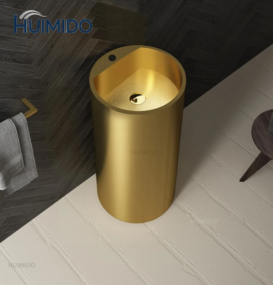 Minimalist style gold stainless steel column style washbasin, hotel homestay washbasin, integrated floor standing column basin