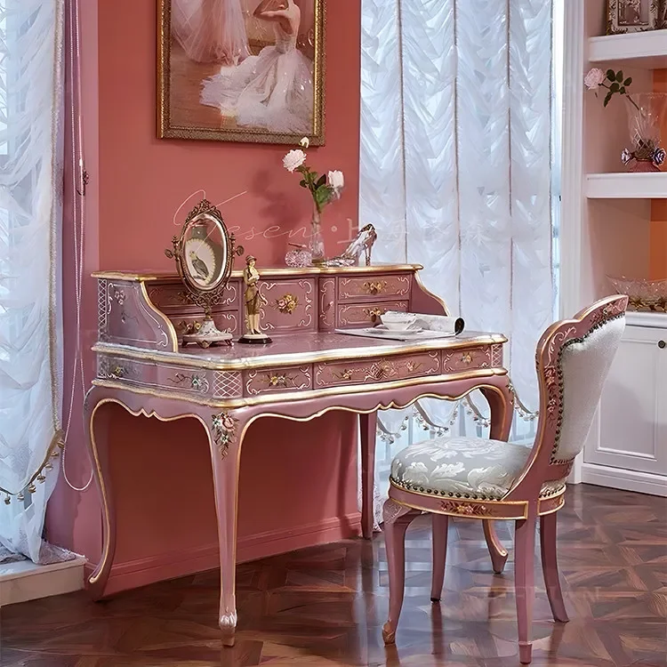 V81 Vintage French American Style Hand Painted Vanity Dresser Table Solid Wood Luxury Princess Makeup Desk Custom Size