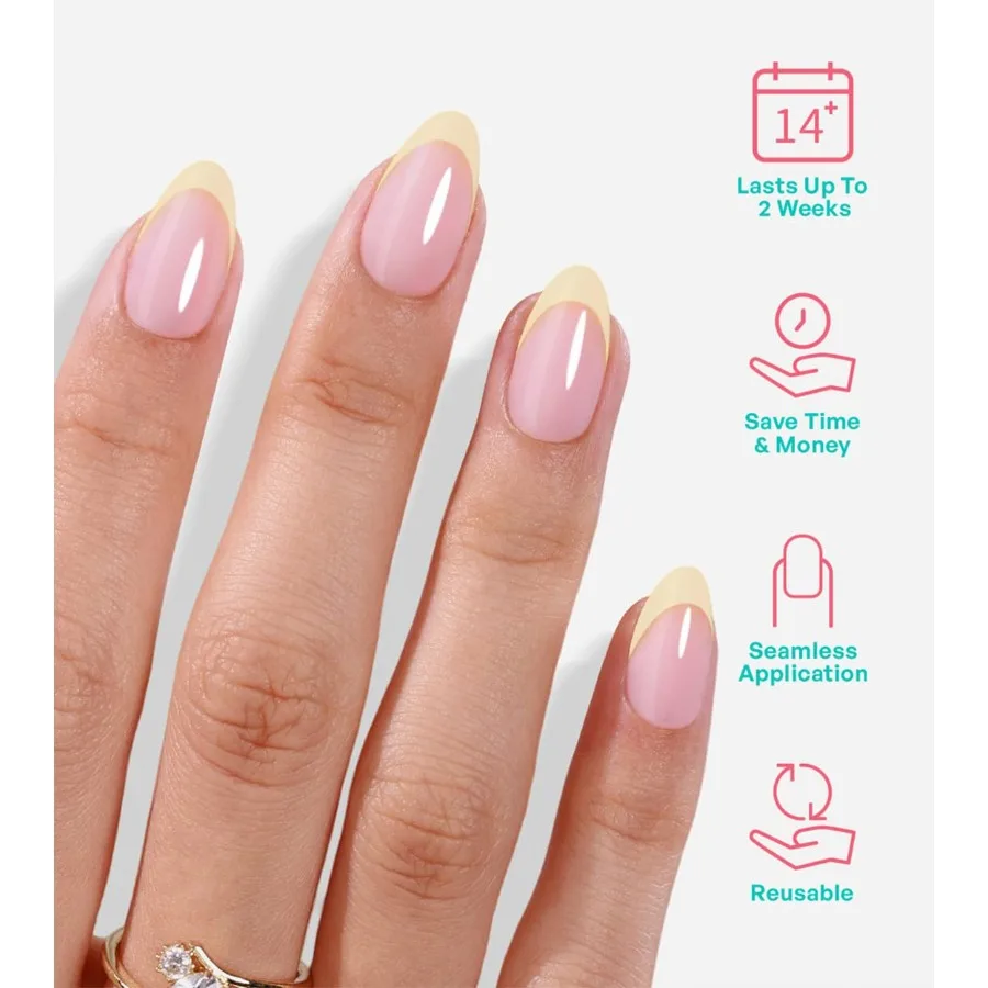 Żółte tipsy francuskie na wcisk, wiosenne, w kształcie migdału, krótkie, w kolorze masłowego żółta, z miękkiego żelu, sztuczne paznokcie o oszałamiającej jakości salonowej.