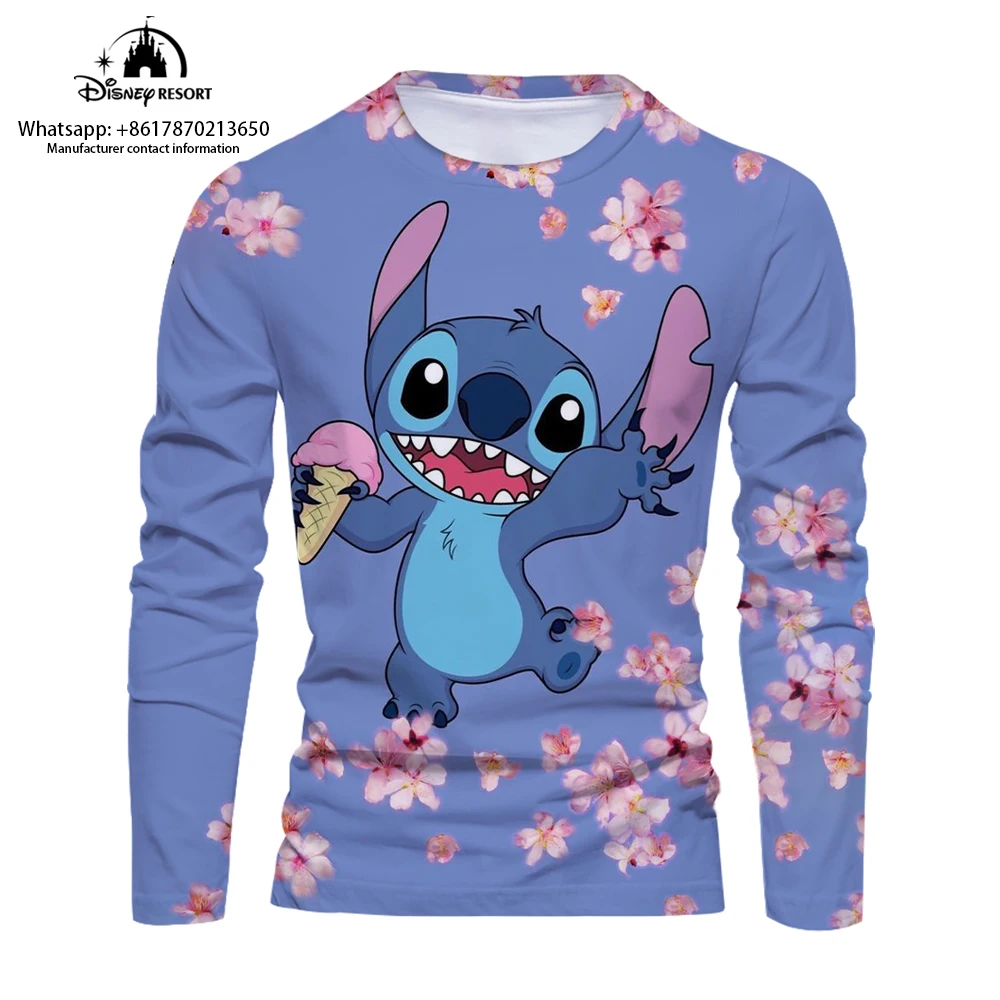 Cartoon 3D comfortable men's long-sleeved T-shirt 2024 new fashion casual men's bottoming shirt cute Stitch T-shirt