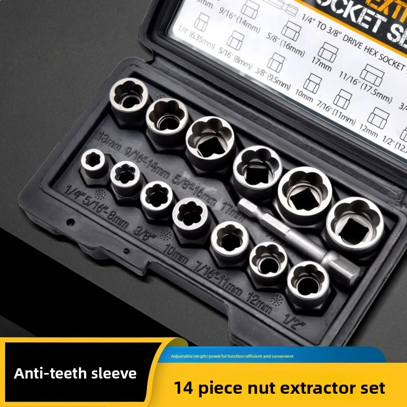 Premium 14pc Nut Extractor Set with Reverse Threaded Sockets for Damaged Nuts and Bolts Removal Tool Kit for Auto Repairs