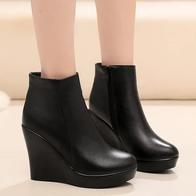 8cm 10cm Small Size 33-41 Comfortable Fall Winter Genuine Leather Boots Platform Wedges Shoes 2024 High Heels Ankle Botas Office