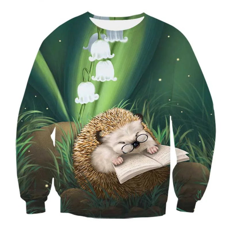 3D Printed Lovely Animal Hoodie For Men Hedgehog Pattern Sweatshirts Autumn Long Sleeves Unisex Loose Hoodies Round Neck Tops